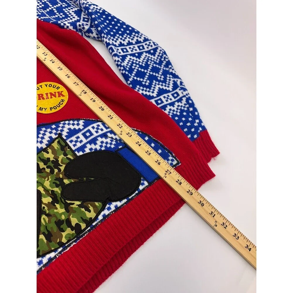 Jolly Sweaters Christmas Sweater‎ Deer Drink Pouch Camo Red Fair Isle Blue Large